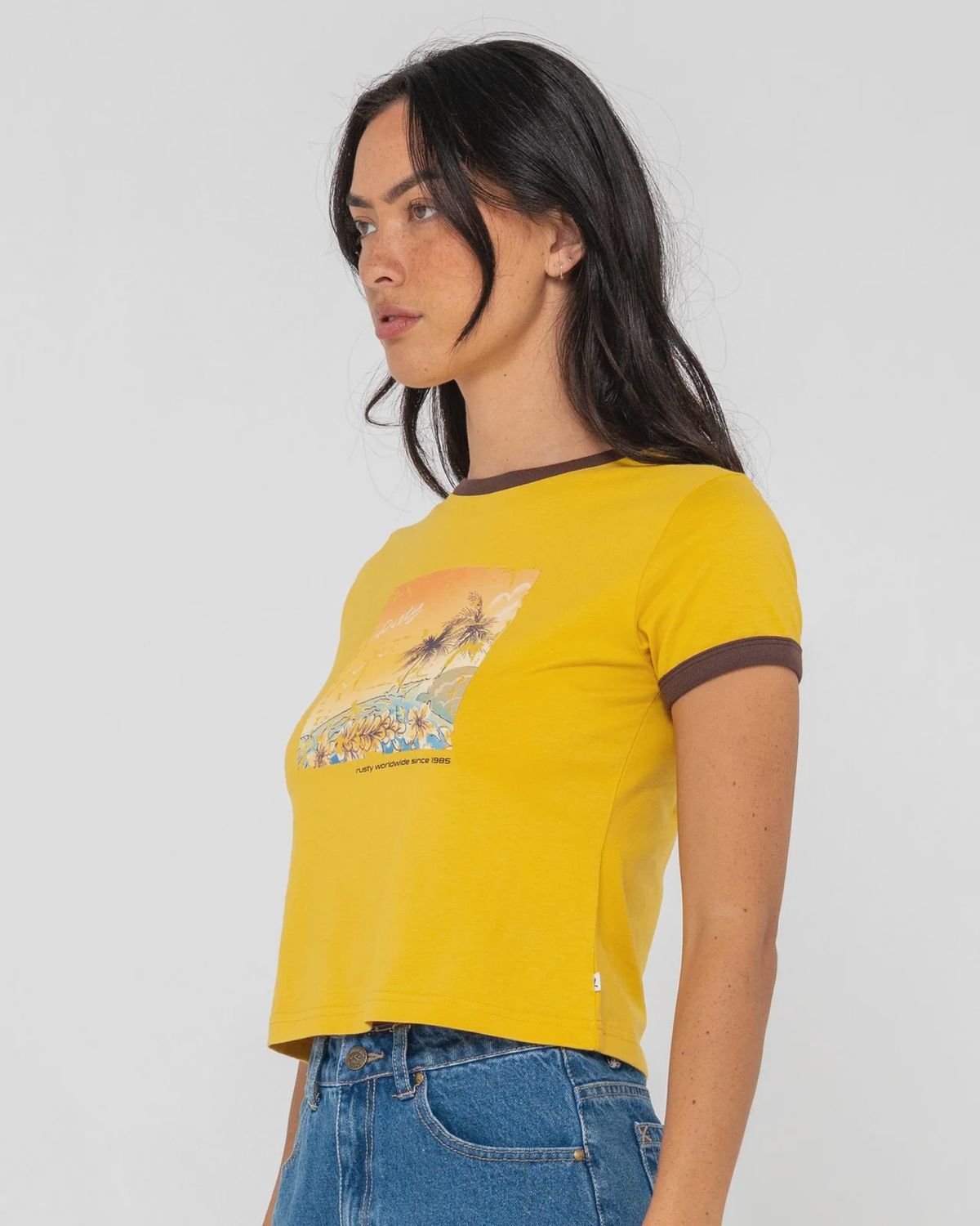 RUSTY WOMENS LA CABANA CONTRAST RINGER MINI TEE - LEMON YELLOW