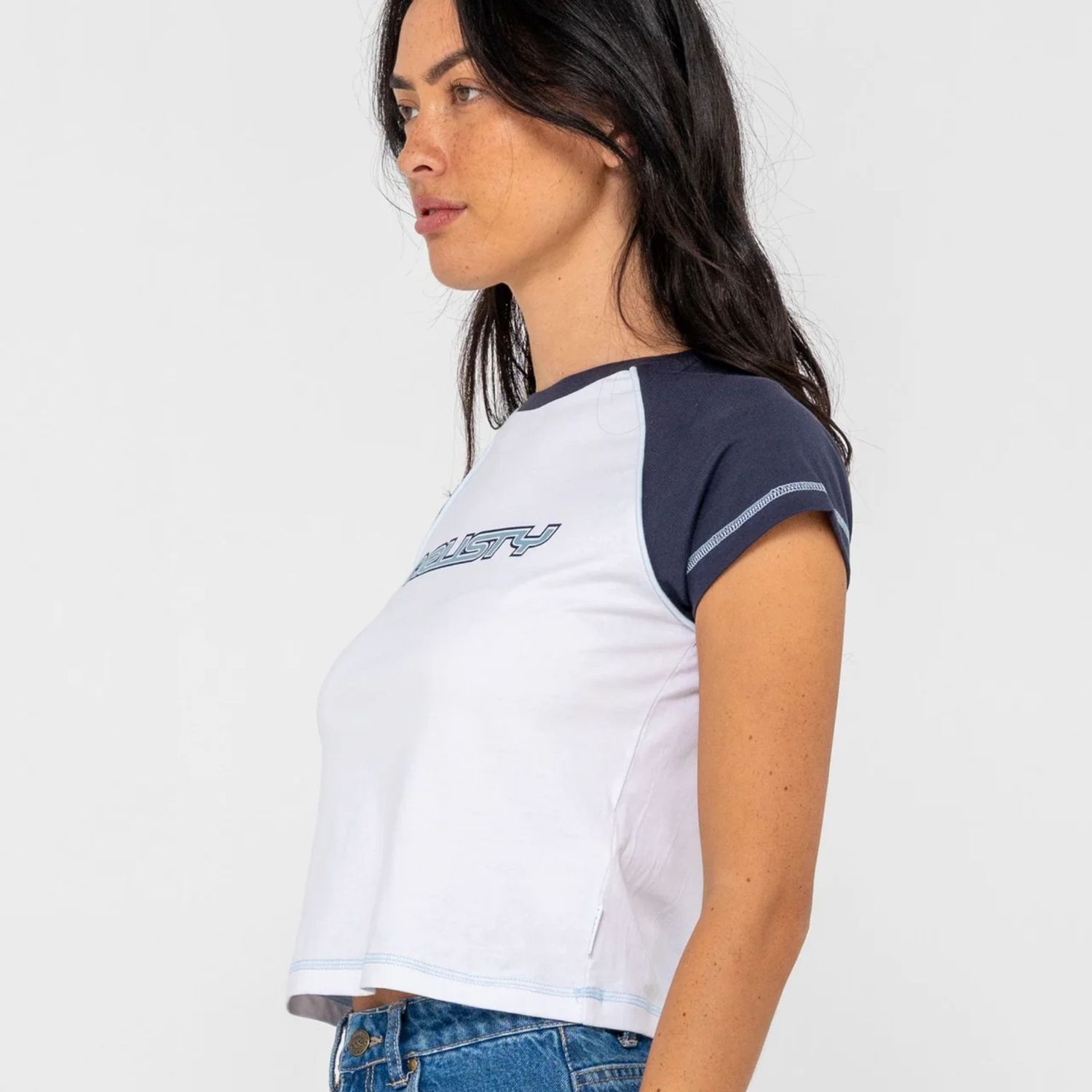 RUSTY WOMENS ARCHIVED RAGLAN MINI TEE - WHITE
