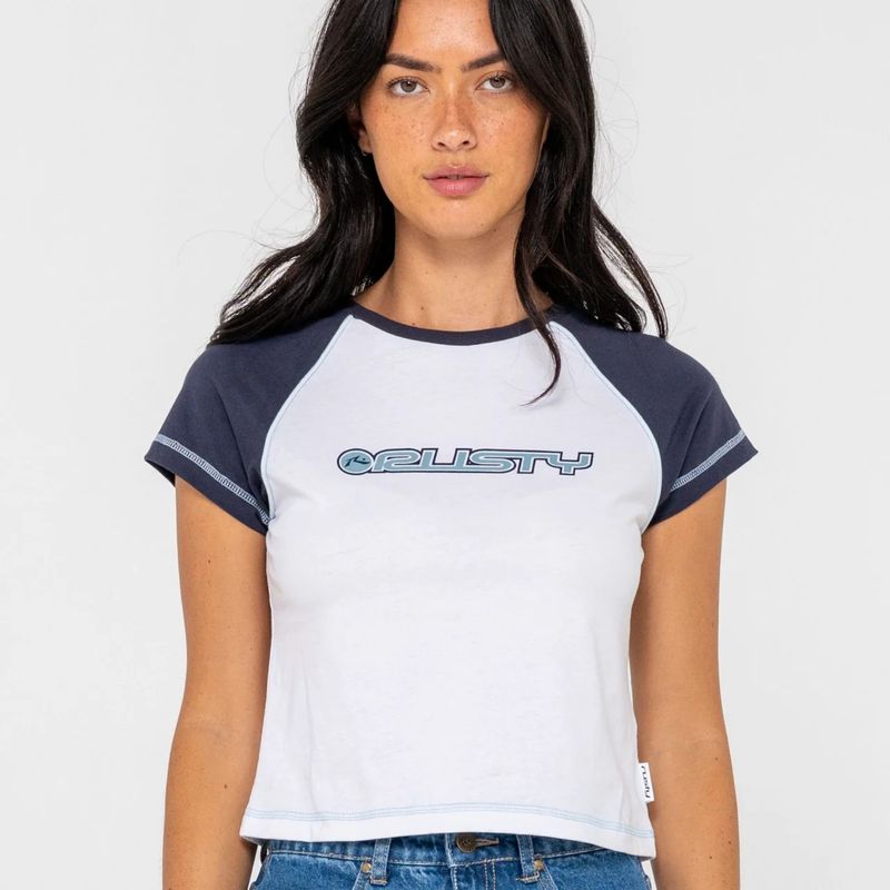 RUSTY WOMENS ARCHIVED RAGLAN MINI TEE - WHITE