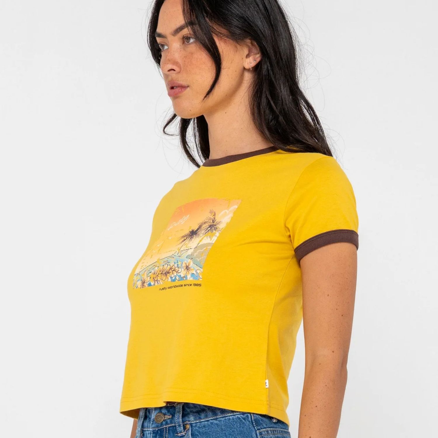 RUSTY WOMENS LA CABANA CONTRAST RINGER MINI TEE - LEMON YELLOW