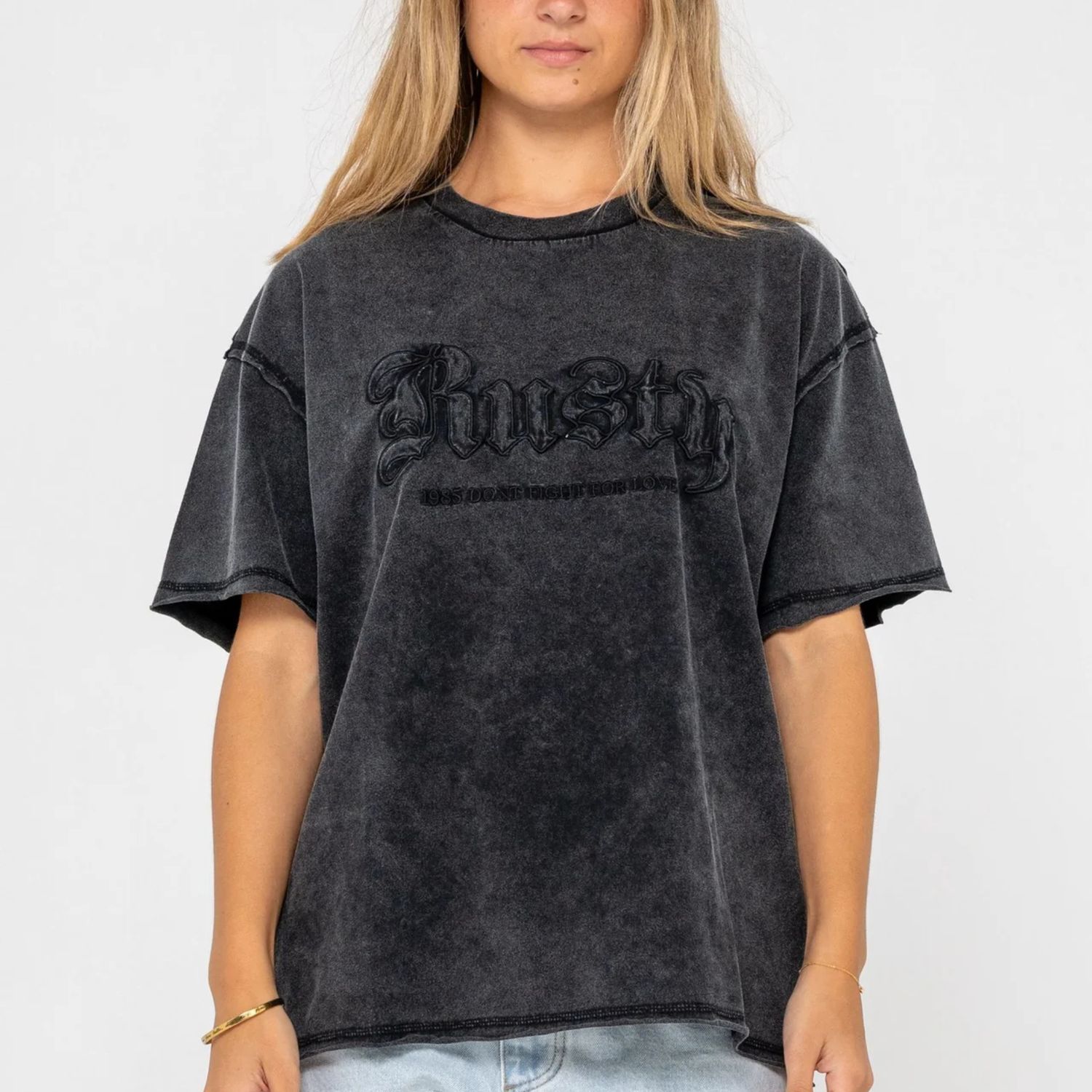 RUSTY WOMENS ROXANNE FEELN RUSTY OVERSIZE TEE - WASHED BLACK