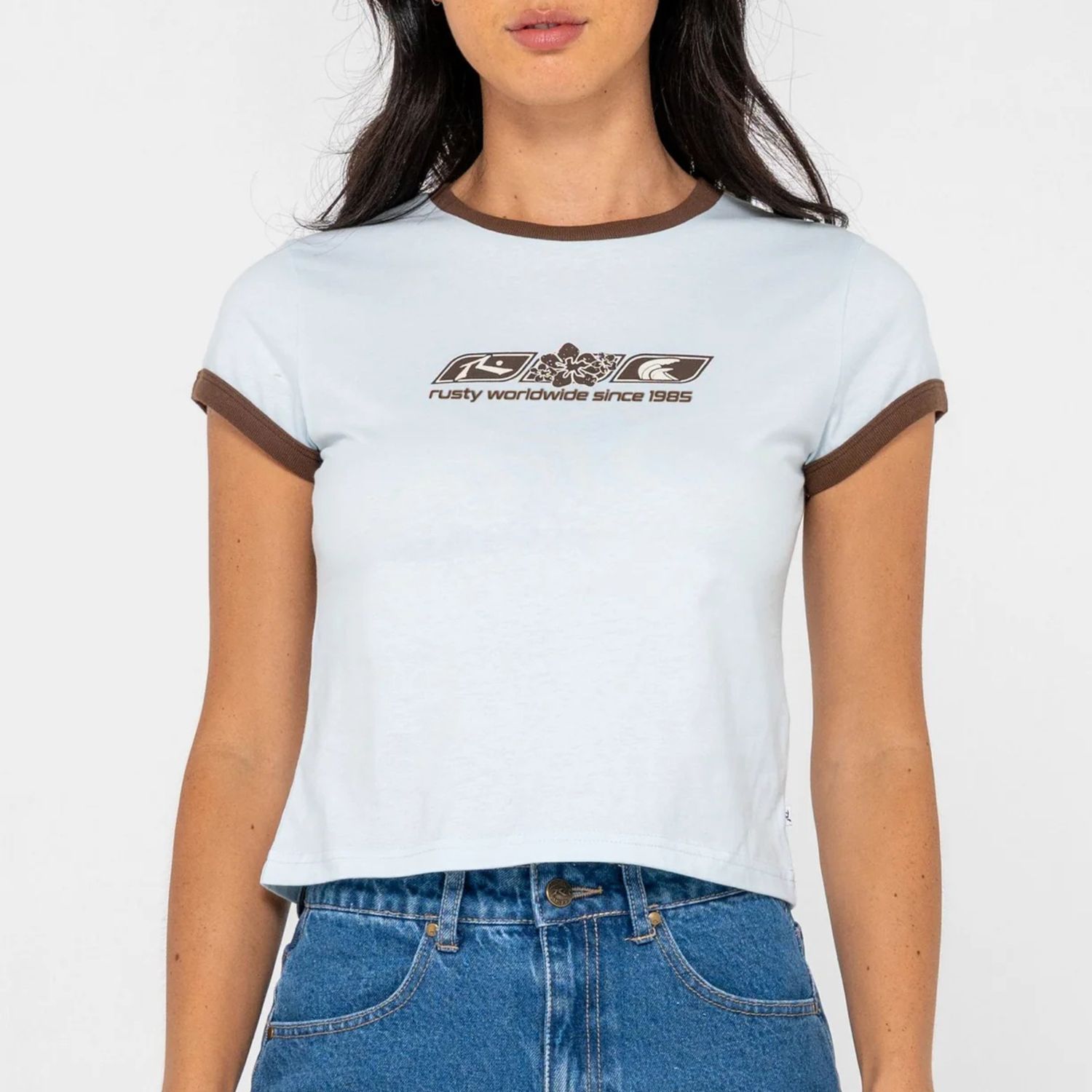 RUSTY WOMENS SNAPPER CONTRAST RINGER MINI TEE - RETRO BLUE