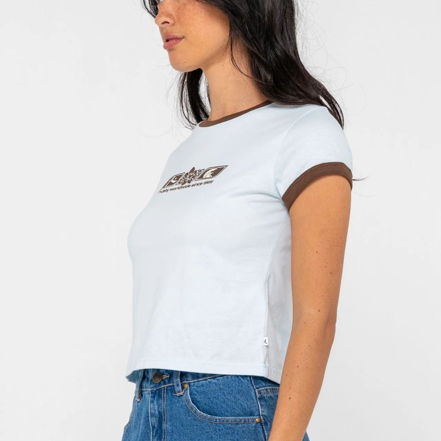 RUSTY WOMENS SNAPPER CONTRAST RINGER MINI TEE - RETRO BLUE