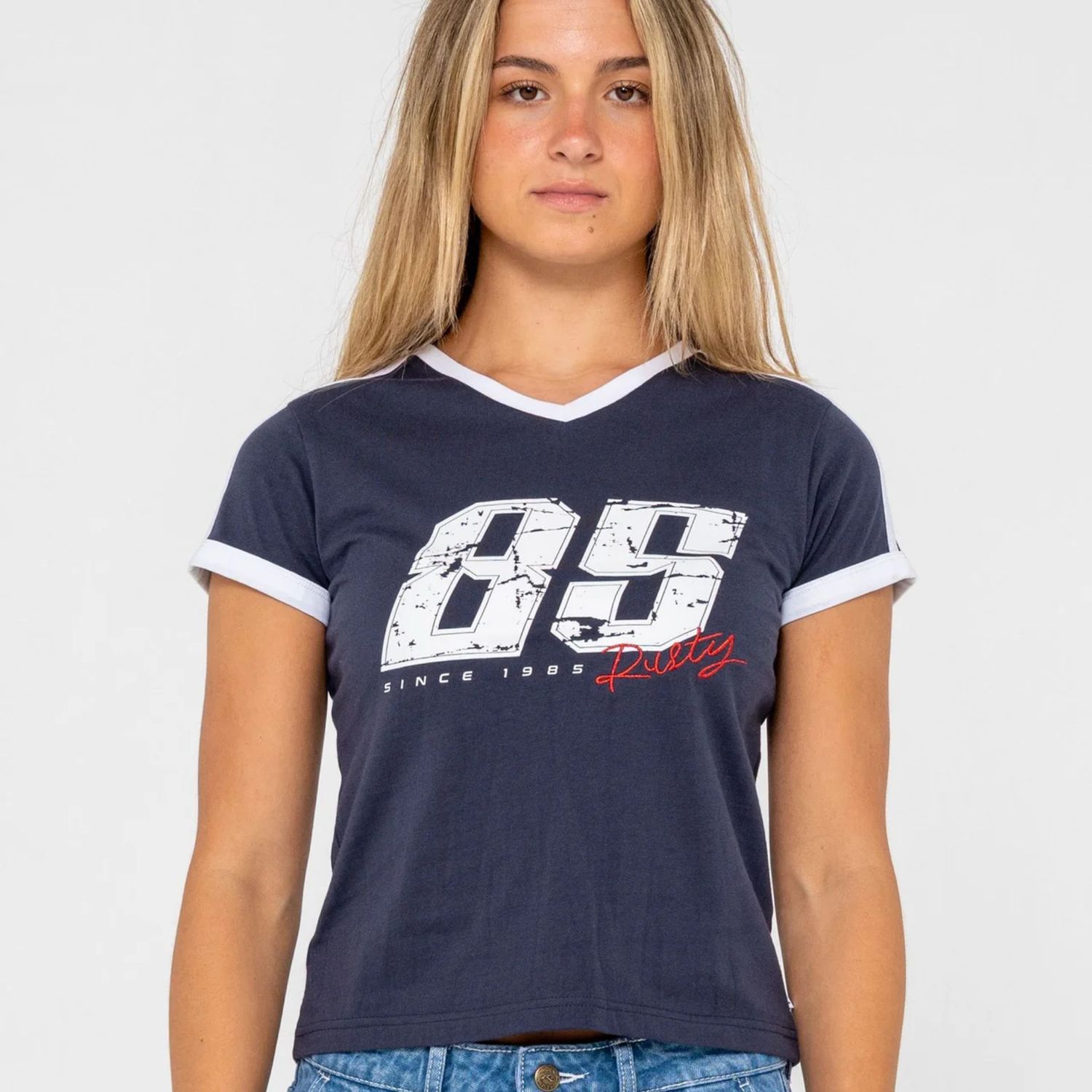 RUSTY WOMENS LE SPORTS JERSEY BABY TEE - NAVY