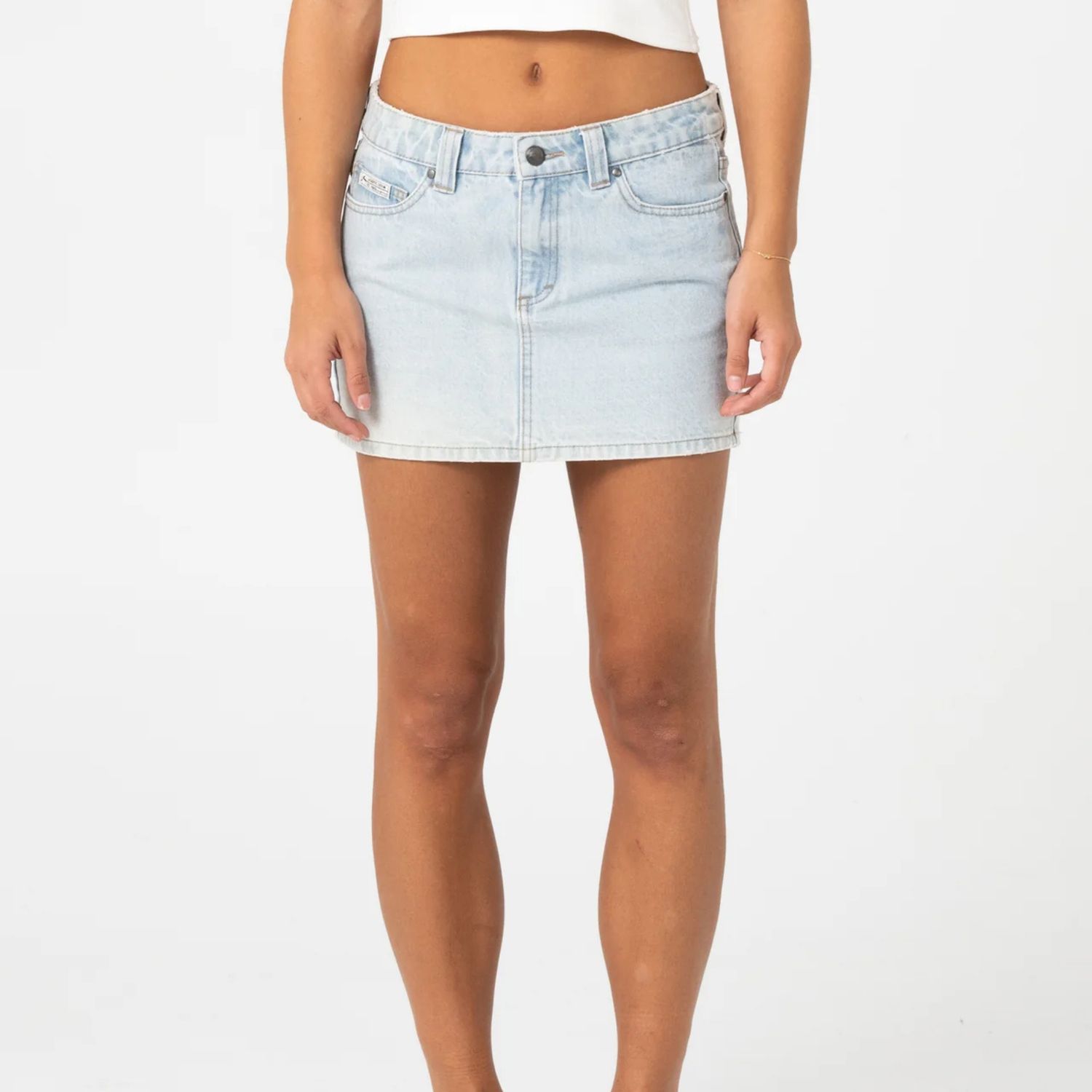 RUSTY WOMENS MAVERICKS LOW RISE DENIM MINI SKIRT - SKY BLUE HEATHER