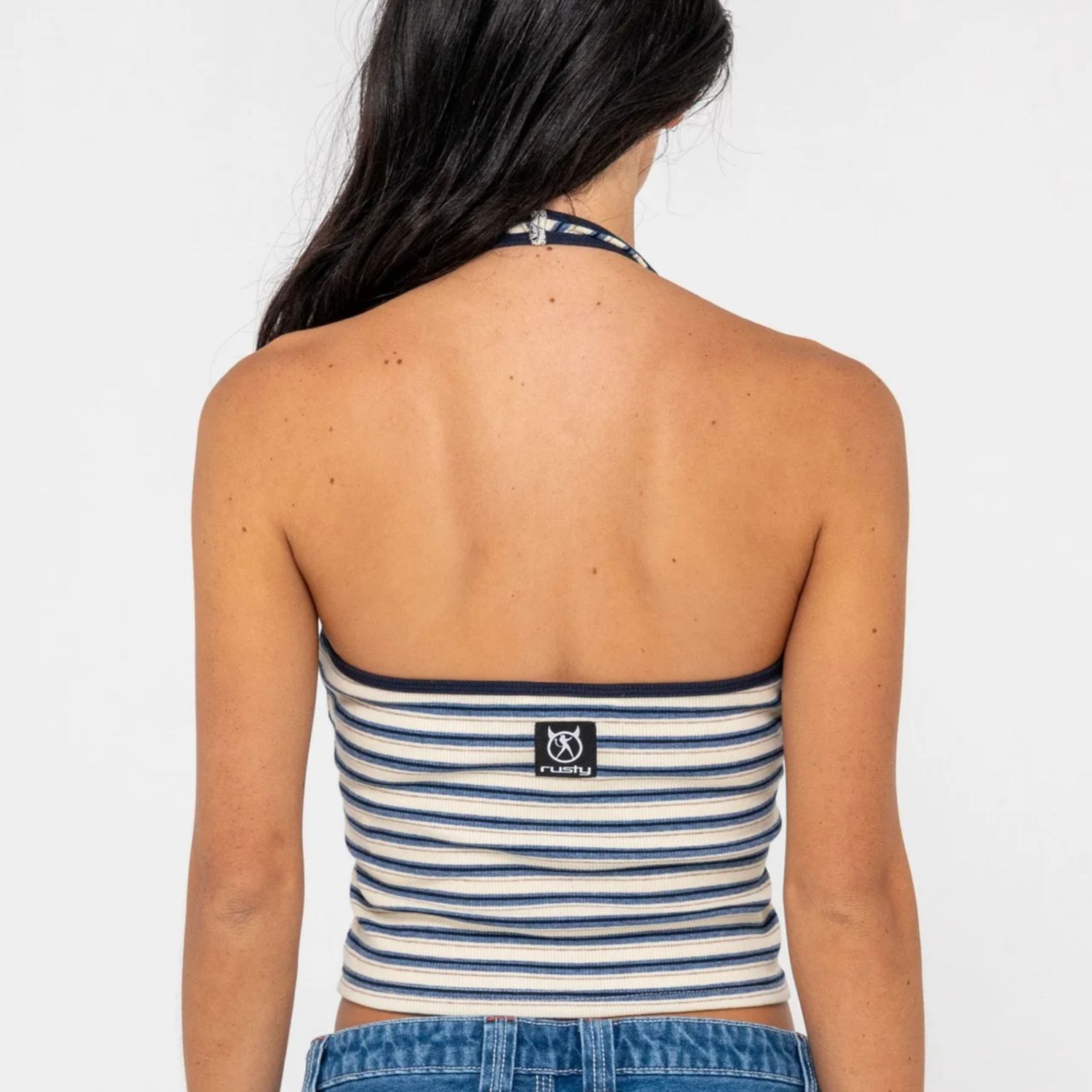 RUSTY WOMENS HALLEY HALTER TOP - RETRO NAVY STRIPE