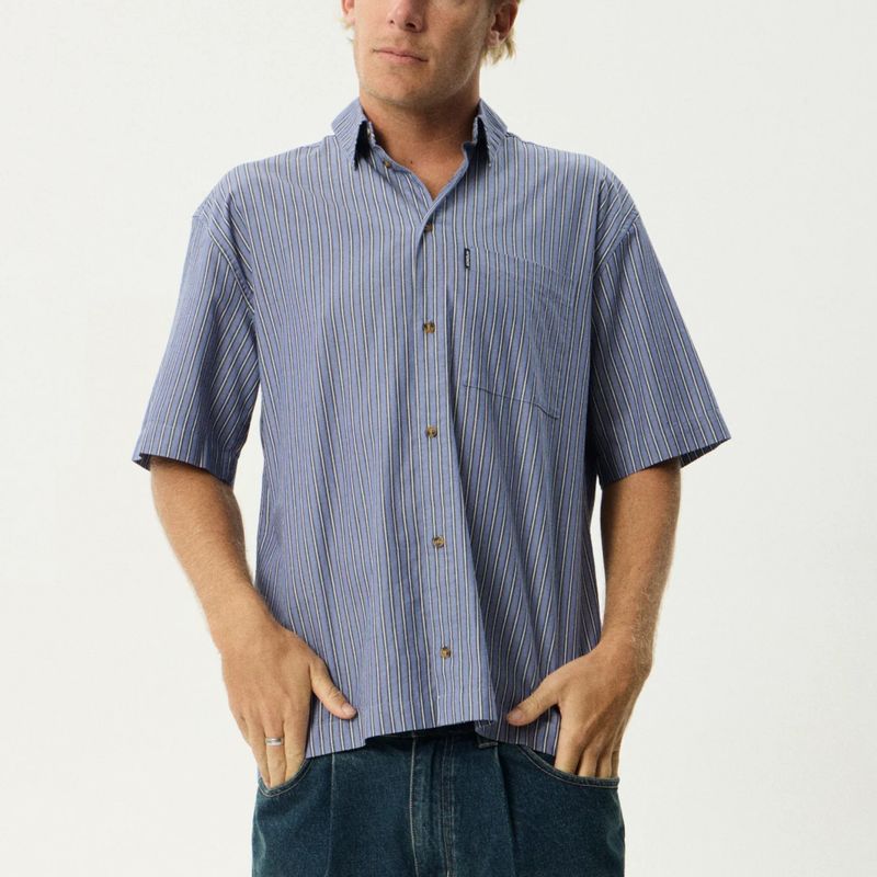 AFENDS MENS  SHIPRECK STRIP SS SHIRT - MARLING