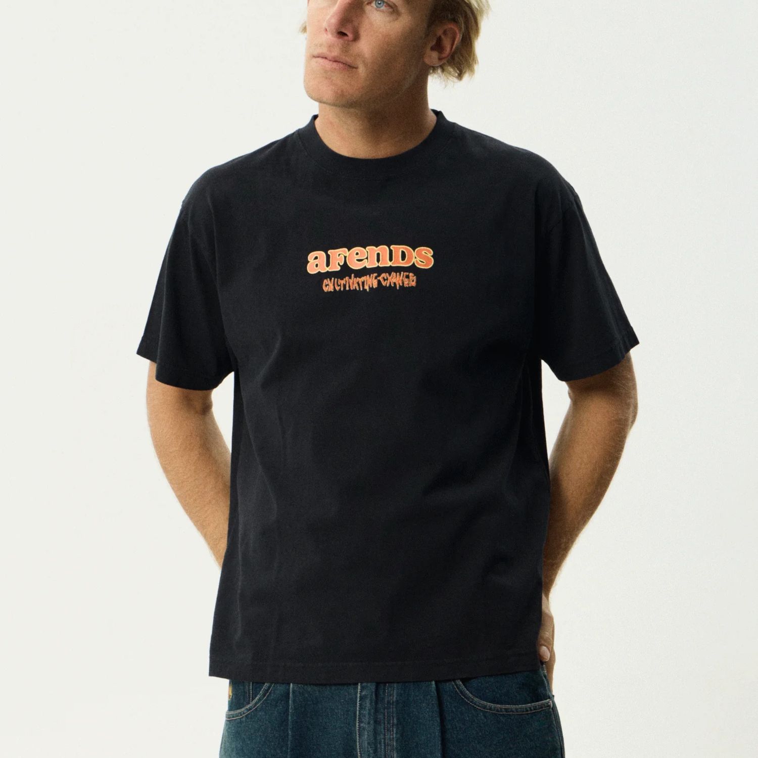 AFENDS MENS SIMPLE TIMES BOXY SS TEE - STONE BLACK