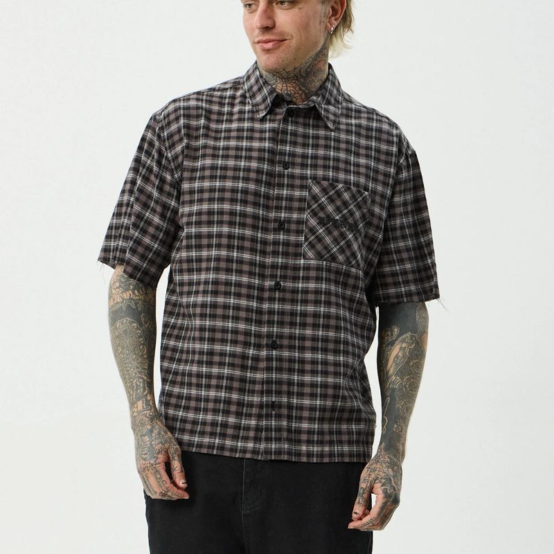 AFENDS MENS DARKNESS SS SHIRT - BLACK CHECK