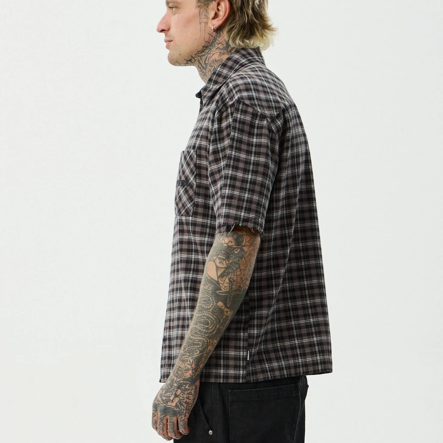 AFENDS MENS DARKNESS SS SHIRT - BLACK CHECK