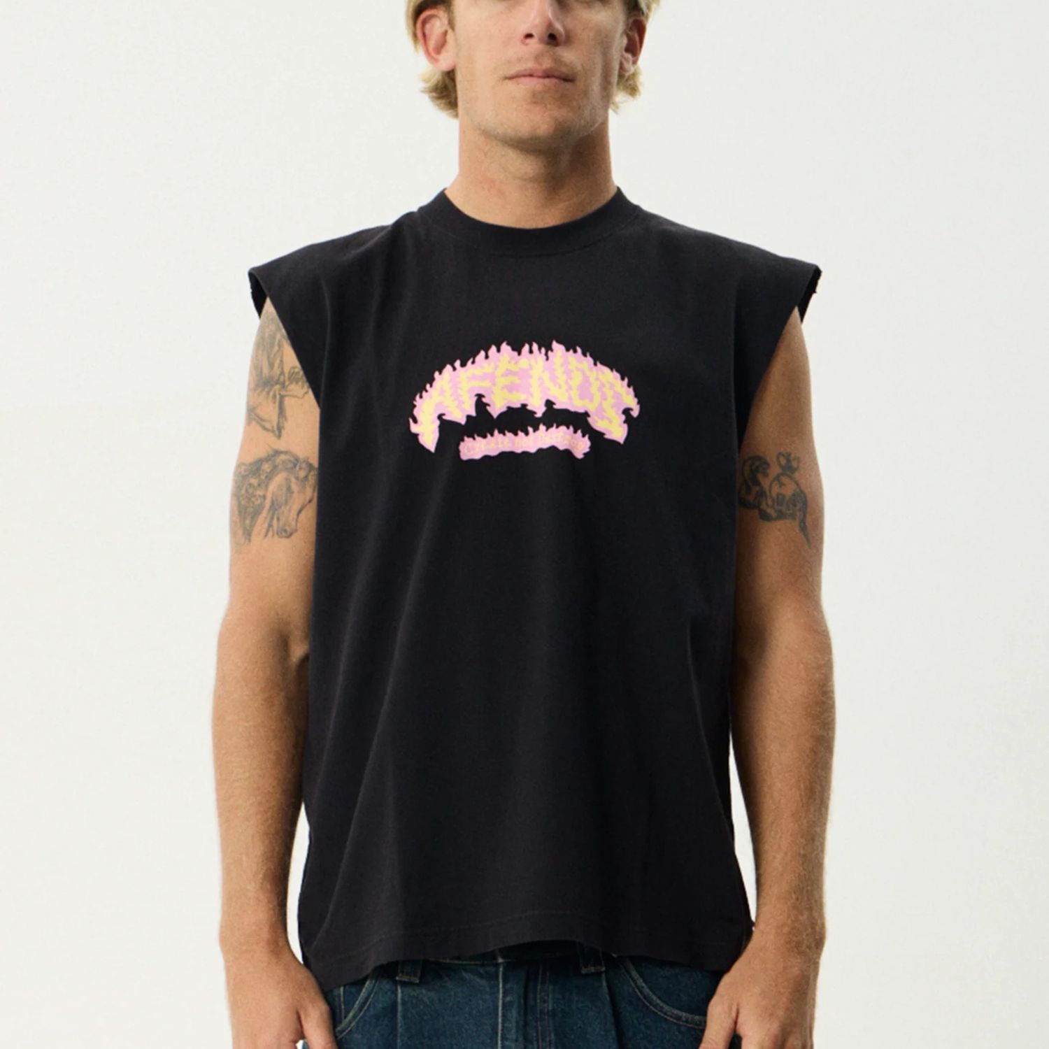 AFENDS MENS  FLAME ON MUSCLE - STONE BLACK