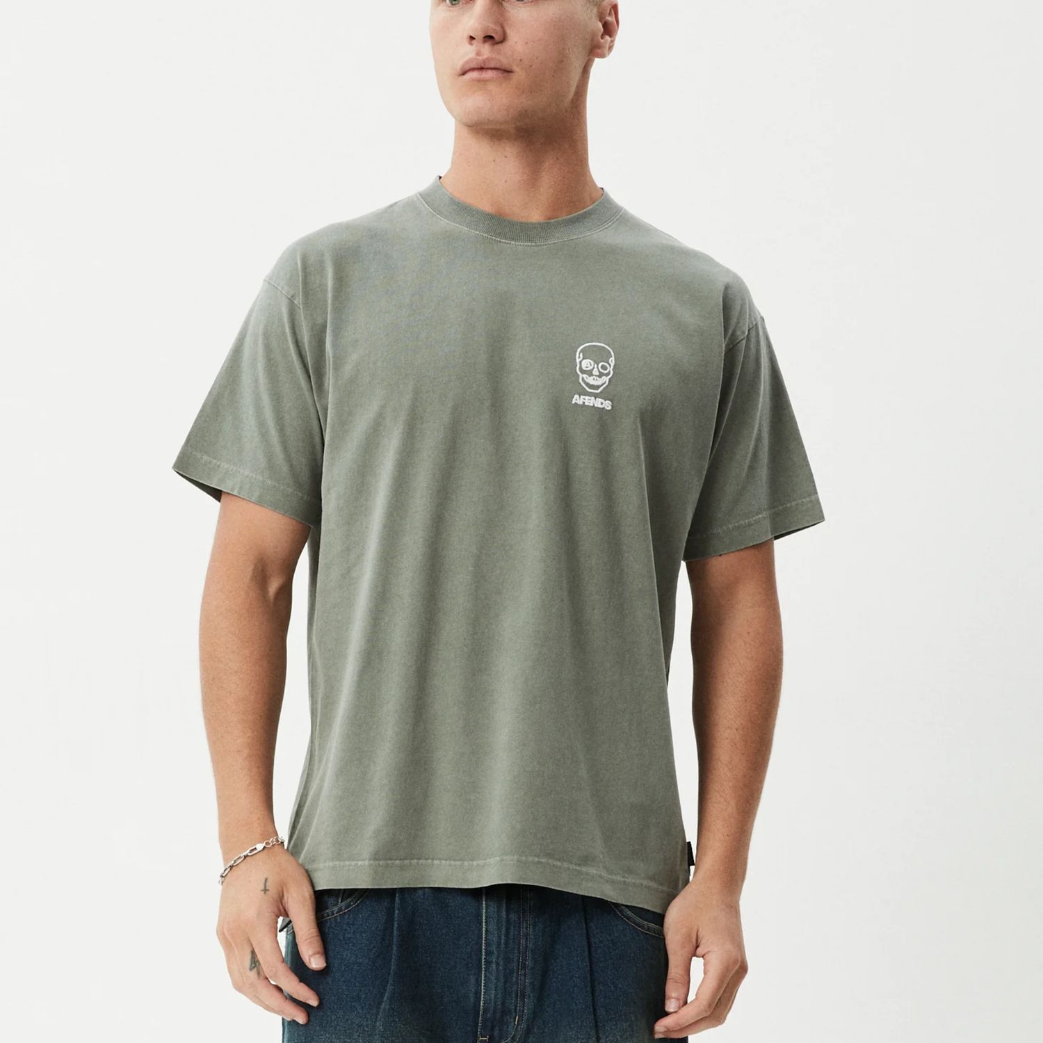 AFENDS MENS  SKELETOR BOXY SS TEE - WASHED SYCAMORE