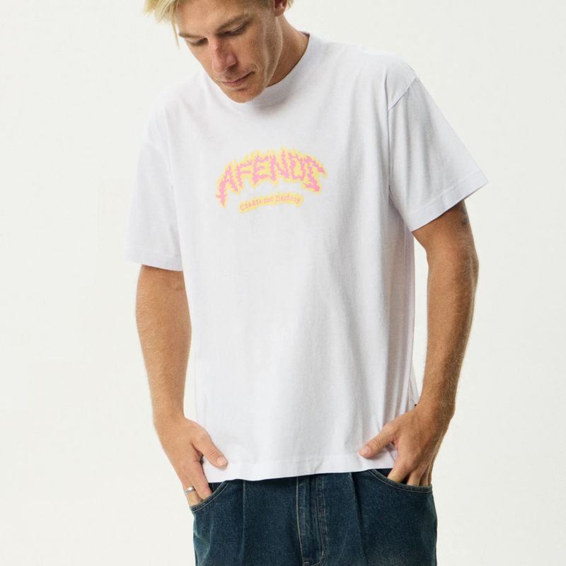 AFENDS MENS  FLAME ON BOXY SS TEE - WHITE