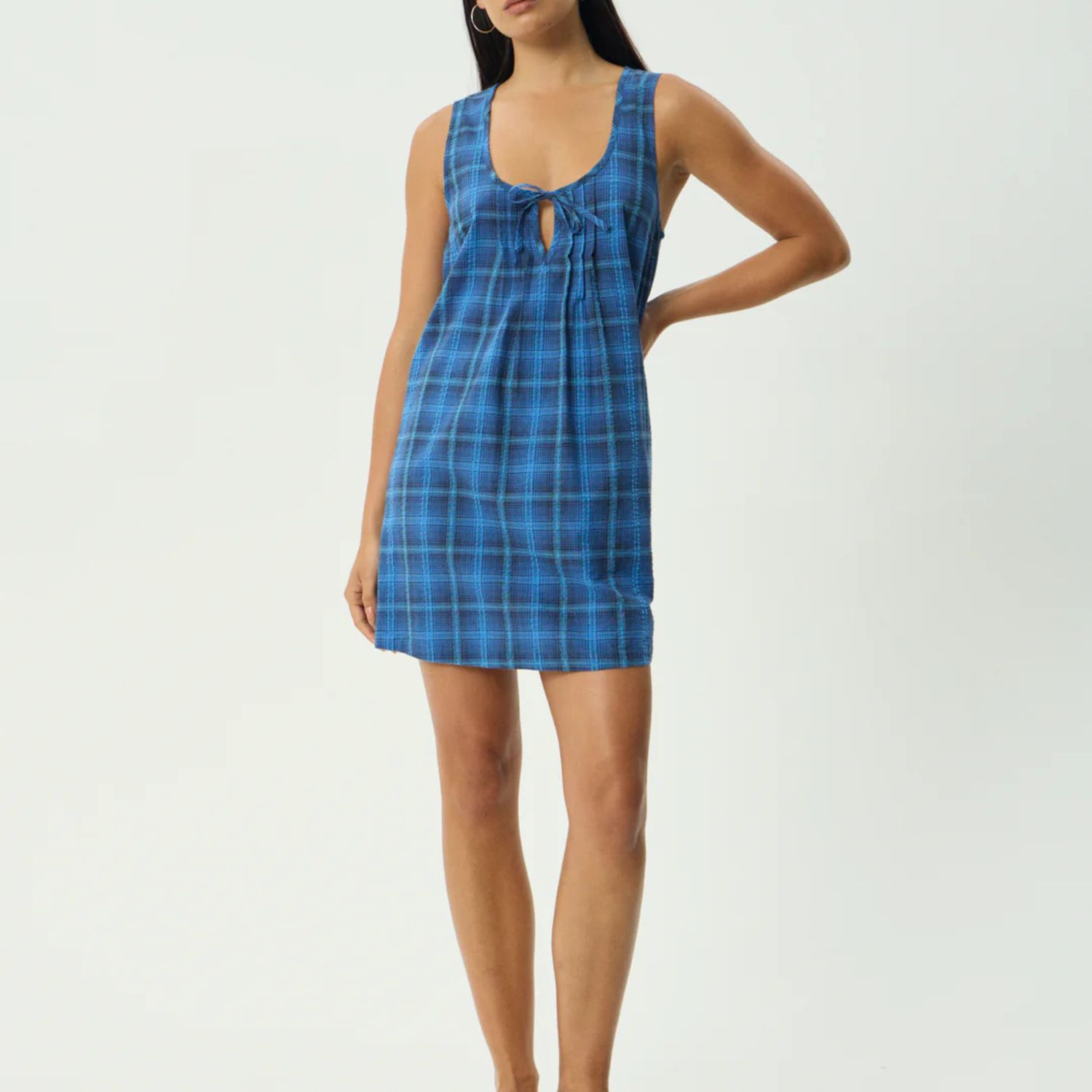 AFENDS WOMENS  CAMDEN SEERSUCKER MINI DRESS - MARINA CHECK