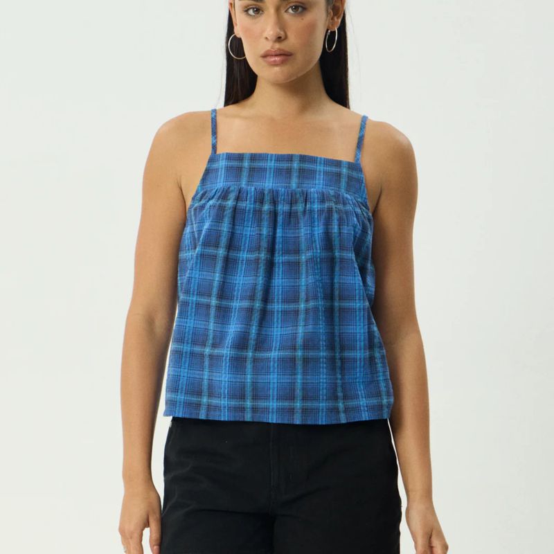 AFENDS WOMENS  CAMDEN SEERSUCKER CAMI TOP - MARINA CHECK
