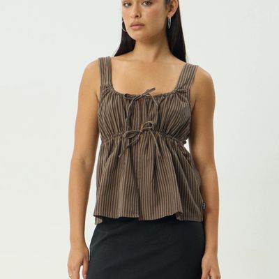 AFENDS WOMENS  CYRUS TIE TOP - COFFEE STRIPE