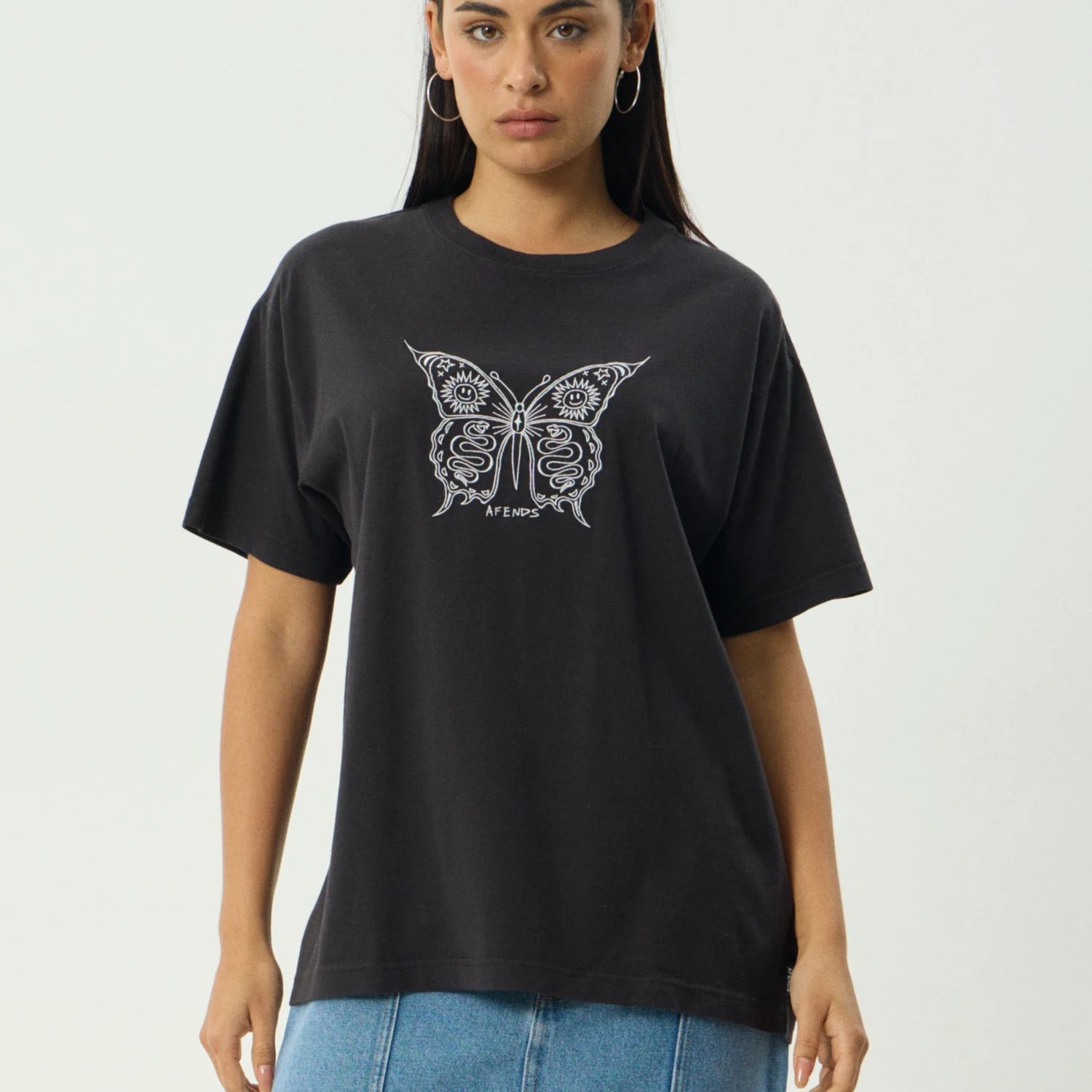 AFENDS WOMENS  FLY AWAY OS TEE - STONE BLACK