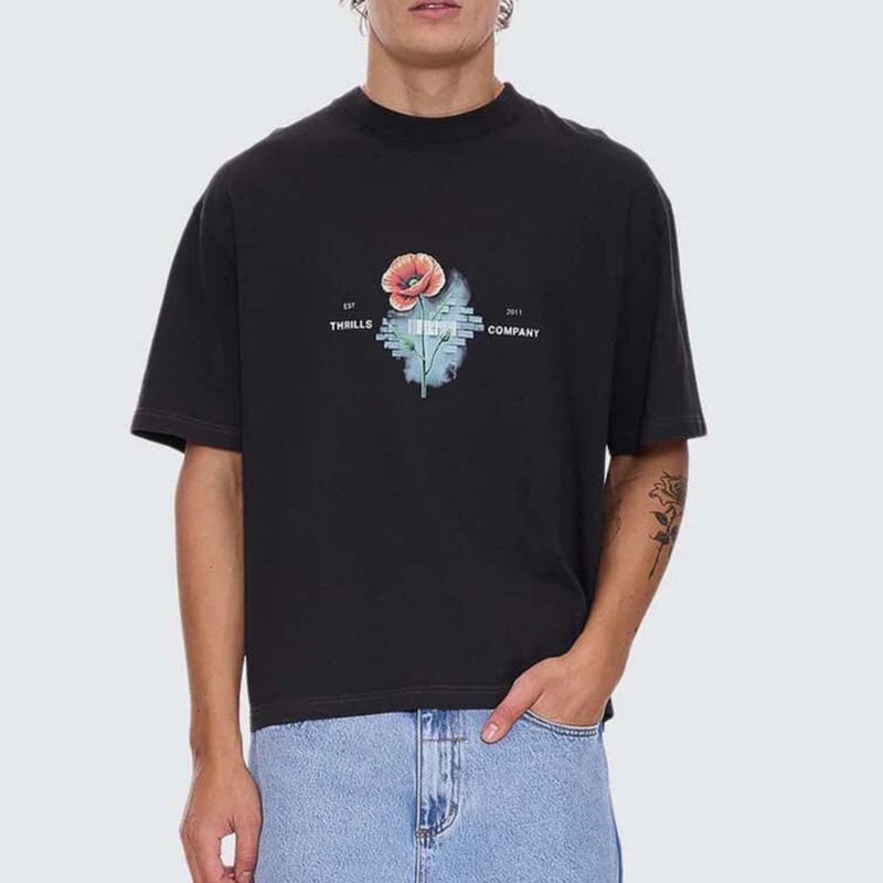 THRILLS MENS DEADLY POPULAR BOX FIT OVERSIZE CROPPED SS TEE - FADED BLACK