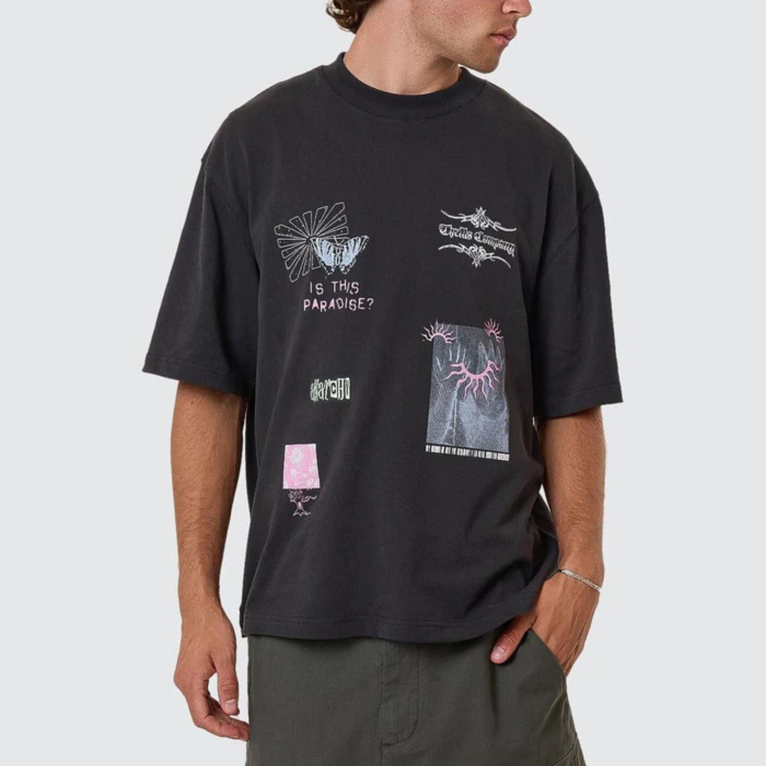 THRILLS MENS TRANSMISSION BOX FIT OVERSIZE CROPPED SS TEE - WASHED BLACK