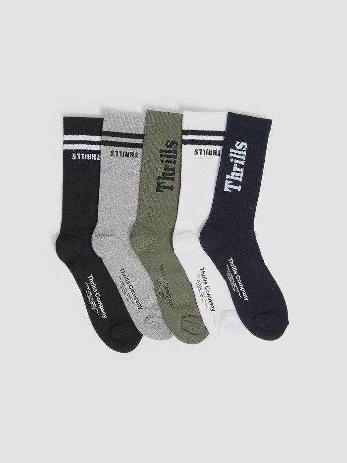 THRILLS MENS MINIMAL THRILLS 5 PACK SOCK - BLACK/WHITE/ARMY GREEN/TOTAL ECLIPSE/GREY MARLE