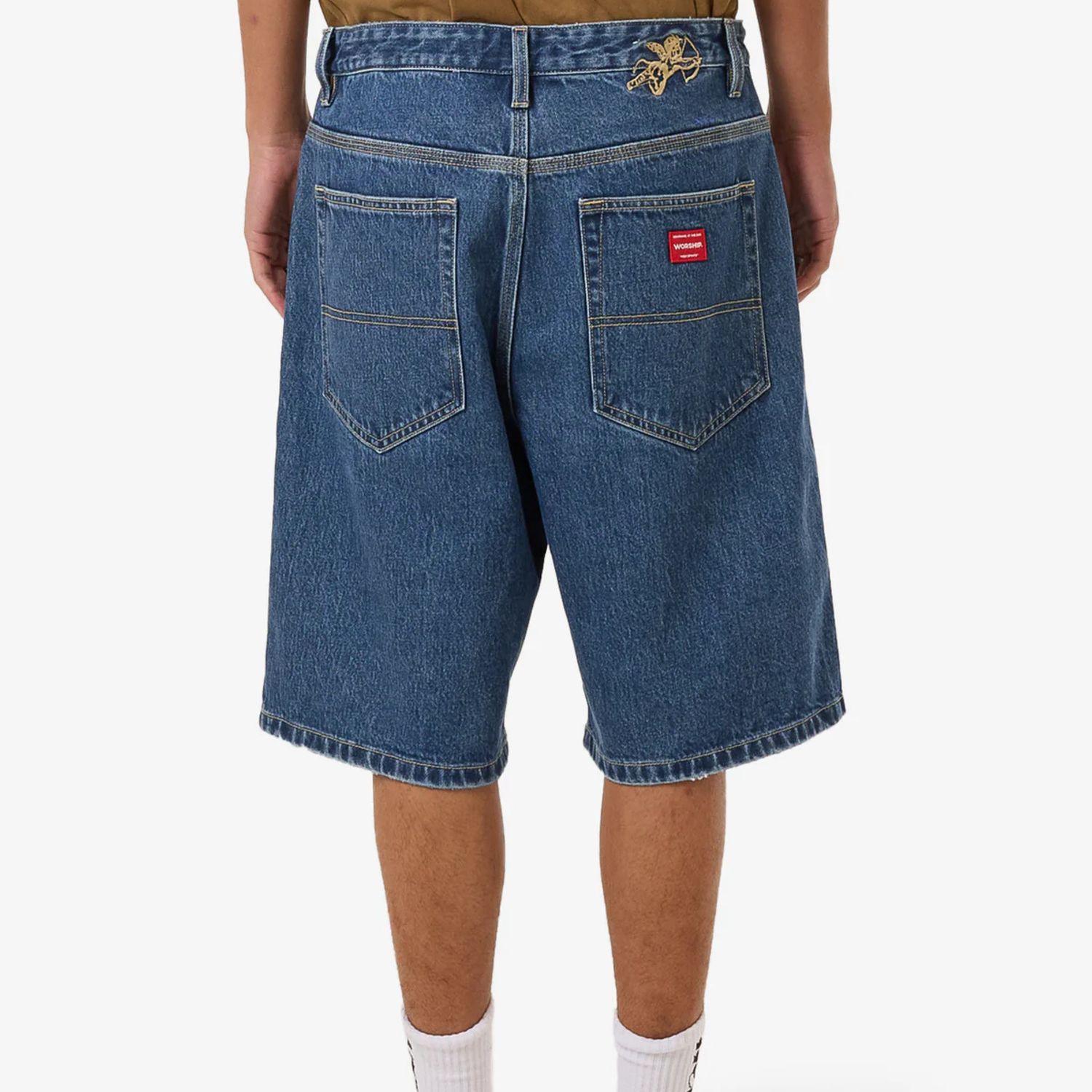 WORSHIP MENS BIG DAWG JEAN SHORT - WORN BLUE RINSE