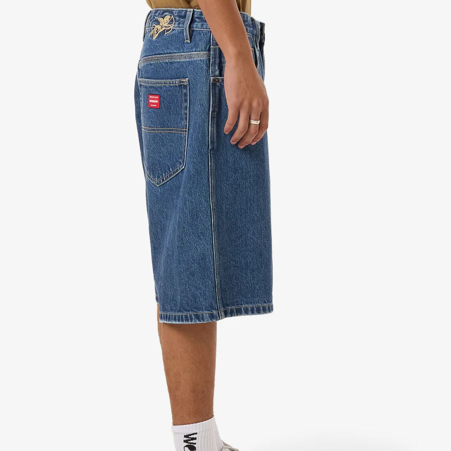 WORSHIP MENS BIG DAWG JEAN SHORT - WORN BLUE RINSE