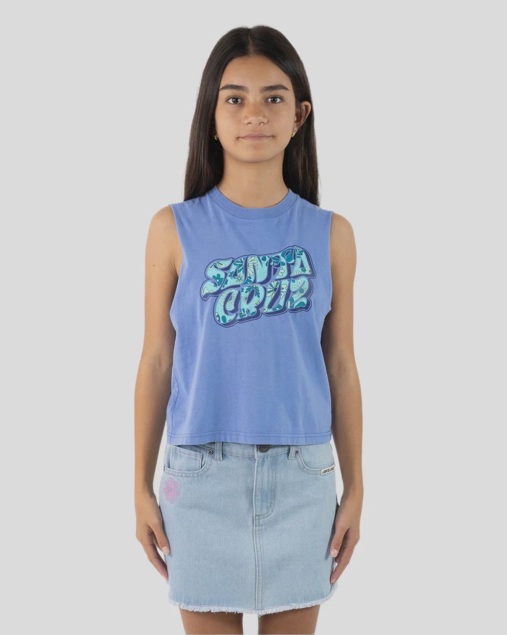 SANTA CRUZ GIRLS VIBES FILL FRONT MUSCLE CROP- BLUE