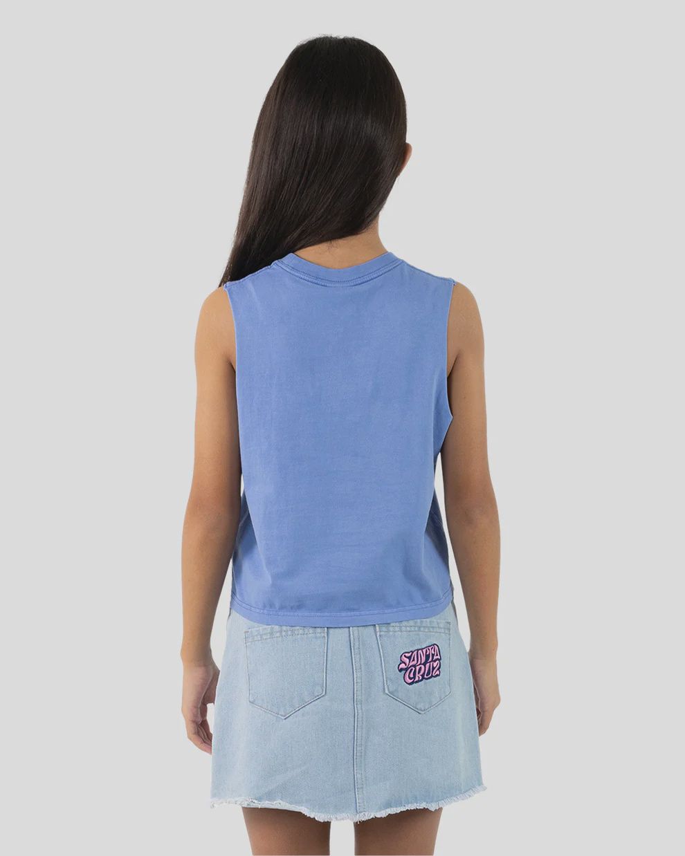 SANTA CRUZ GIRLS VIBES FILL FRONT MUSCLE CROP- BLUE