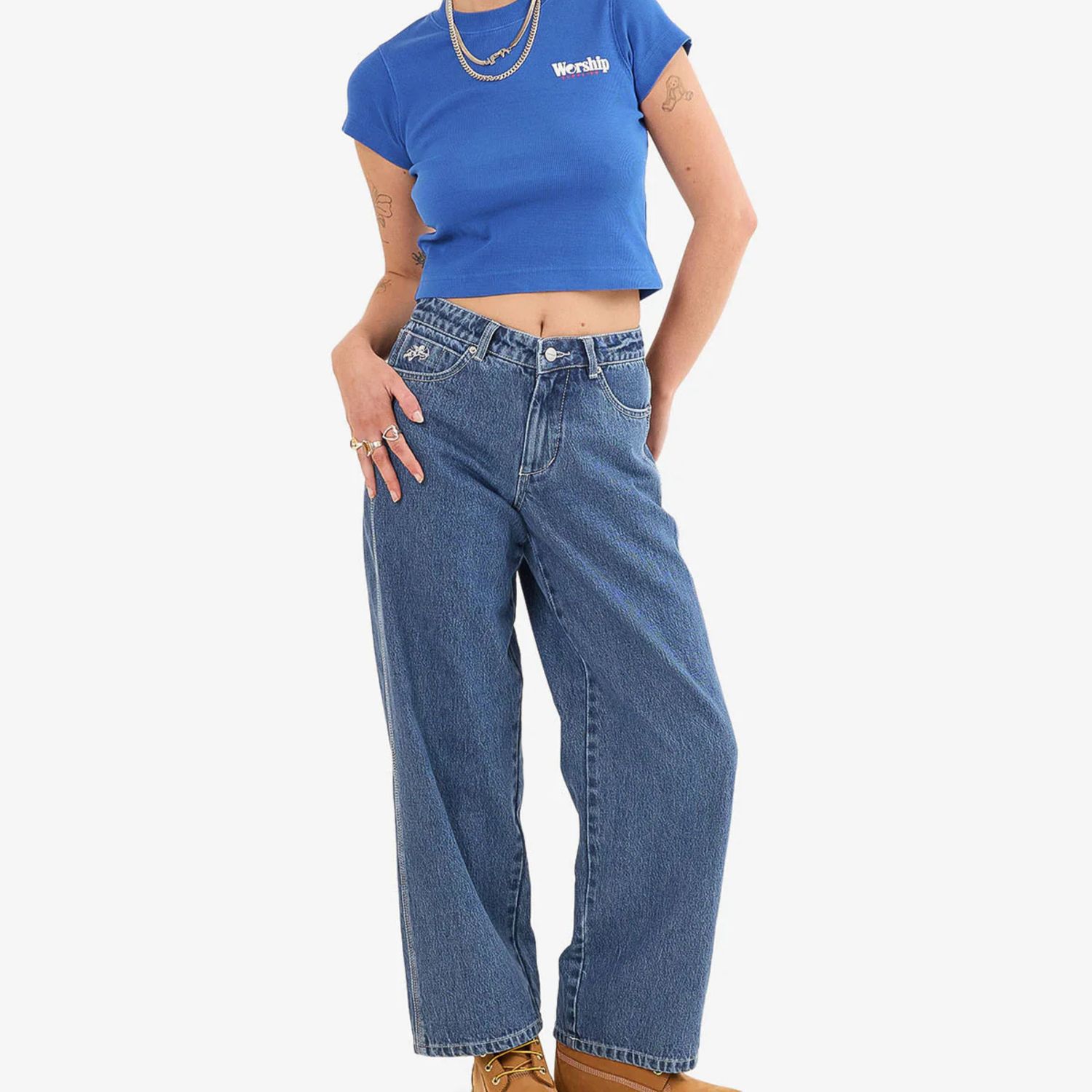 WORSHIP WOMENS SLOUCHER JEAN - STEADY MID BLUE