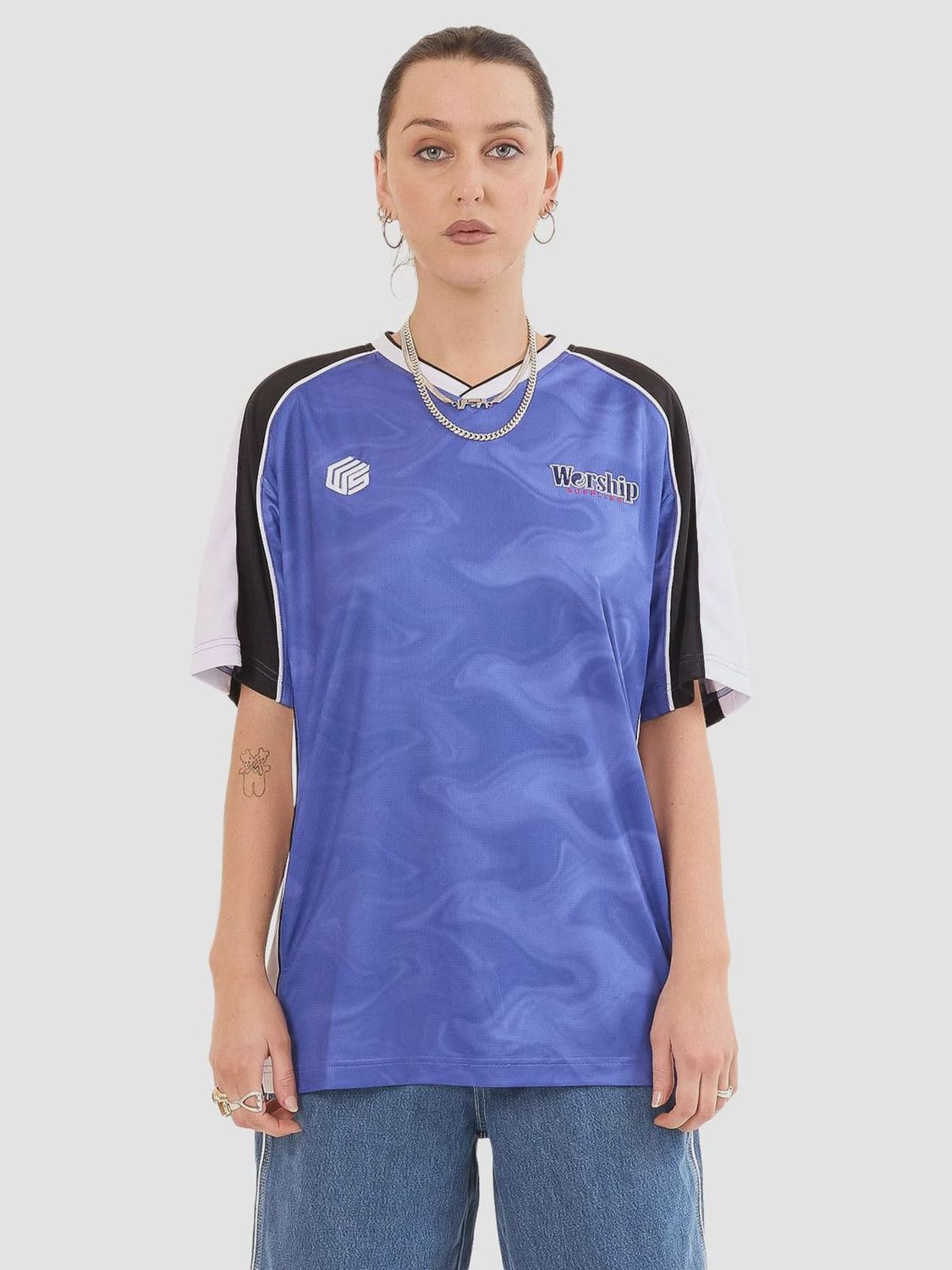 WORSHIP WOMENS SMOKO V NECK FOOTBALL JERSEY - COBALT