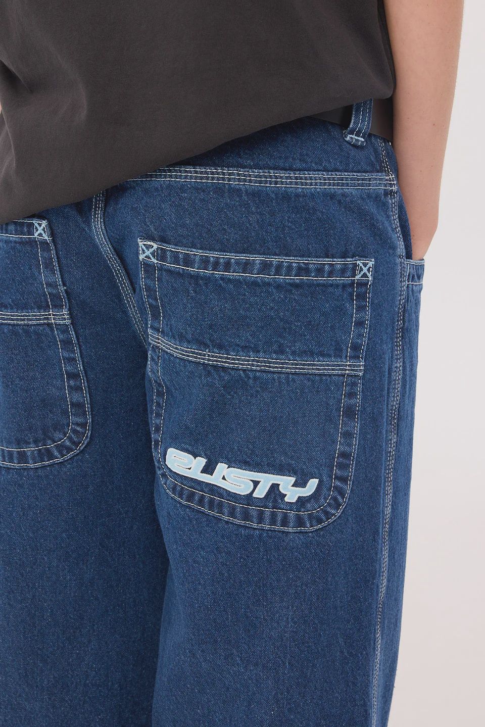 RUSTY WOMENS FLIP MOMMY LOW RISE TAPELESS DENIM JEAN - DEEP SEA BLUE
