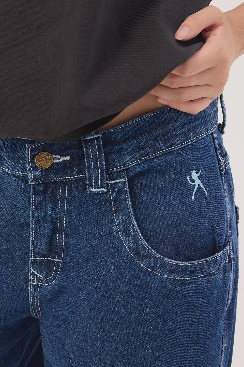 RUSTY WOMENS FLIP MOMMY LOW RISE TAPELESS DENIM JEAN - DEEP SEA BLUE