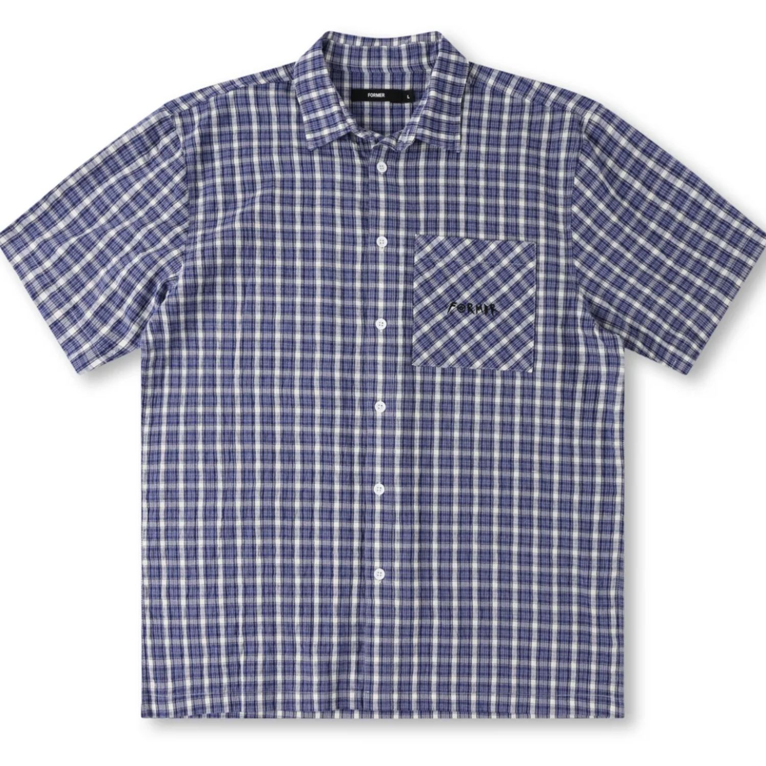 FORMER MENS MANNERS CHECK SS SHIRT - VINTAGE NAVY