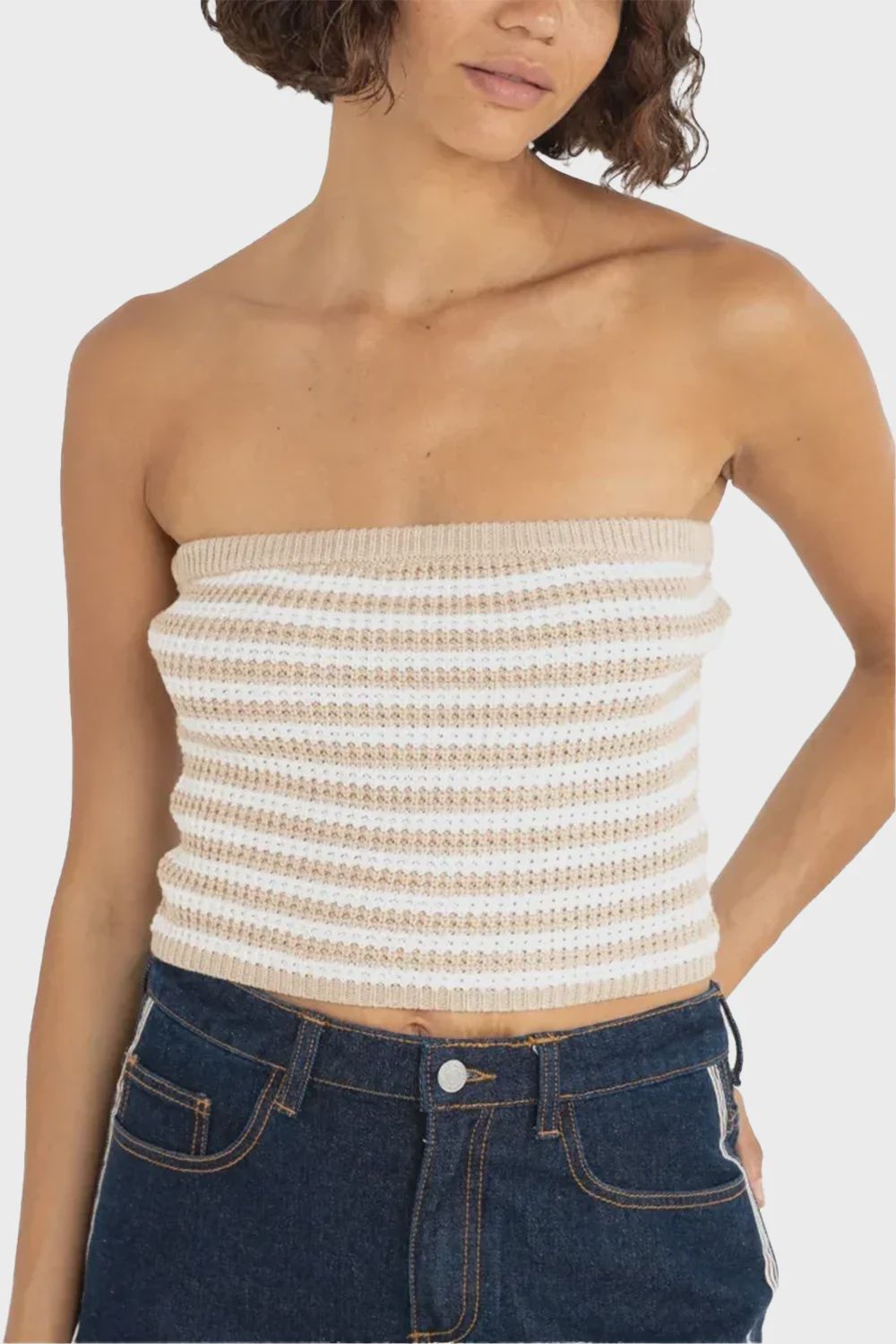 RHYTHM WOMENS STRIPE STRAPLESS KNIT TOP - WHITE