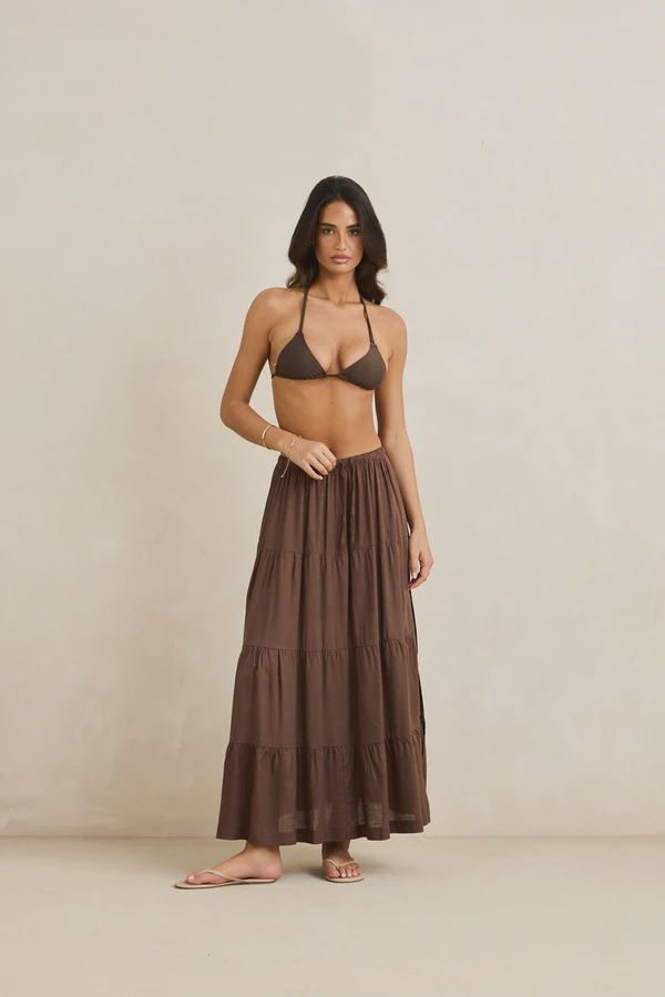 RHYTHM WOMENS CLASSIC TIERED MAXI SKIRT - CHOCOLATE