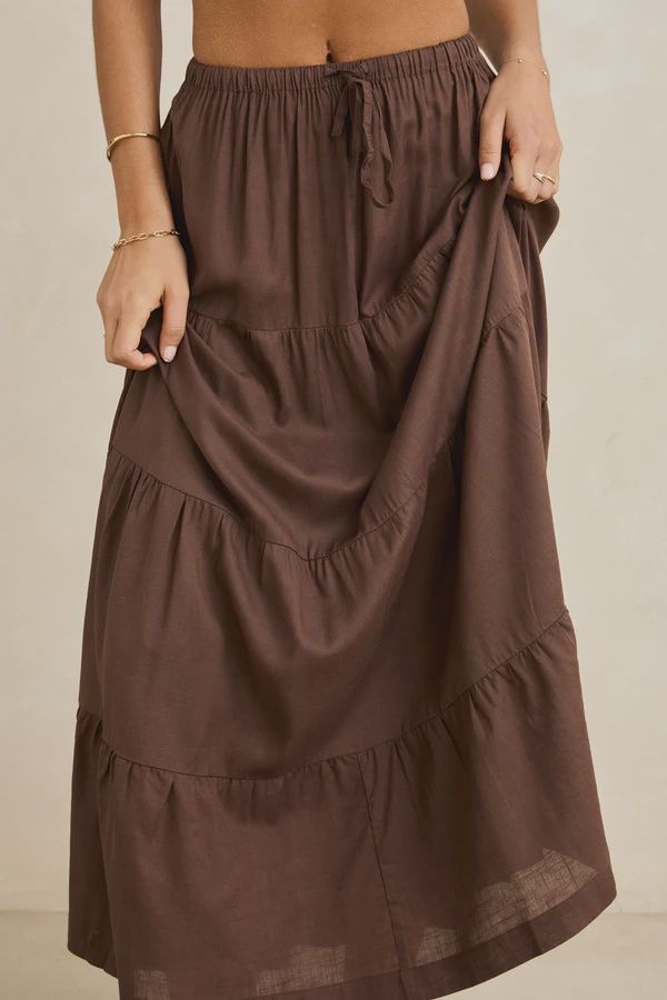 RHYTHM WOMENS CLASSIC TIERED MAXI SKIRT - CHOCOLATE