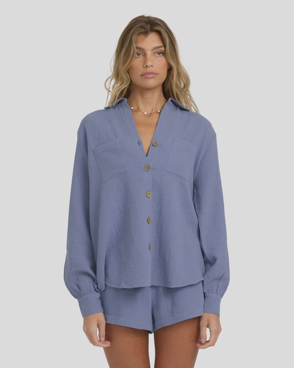 BILLABONG WOMENS SWEET SWELL LS WOVEN SHIRT - STONE BLUE