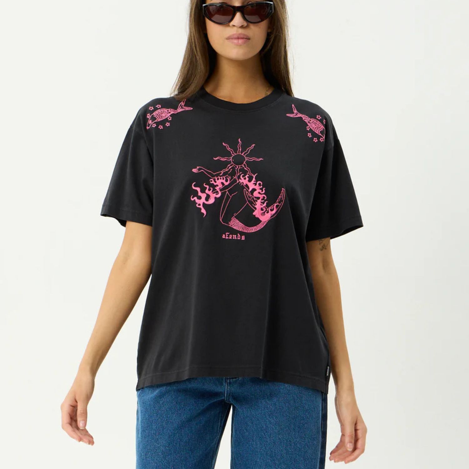 AFENDS WOMENS SEA SIREN OS SS TEE - STONE BLACK