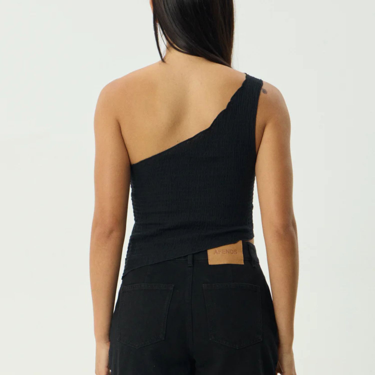 AFENDS WOMENS  MARINA SEERSUCKER ONE SHOULDER TOP - BLACK