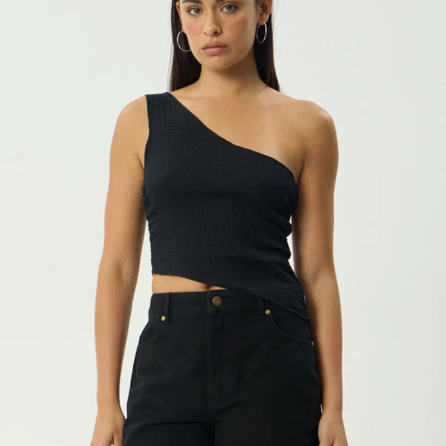AFENDS WOMENS  MARINA SEERSUCKER ONE SHOULDER TOP - BLACK