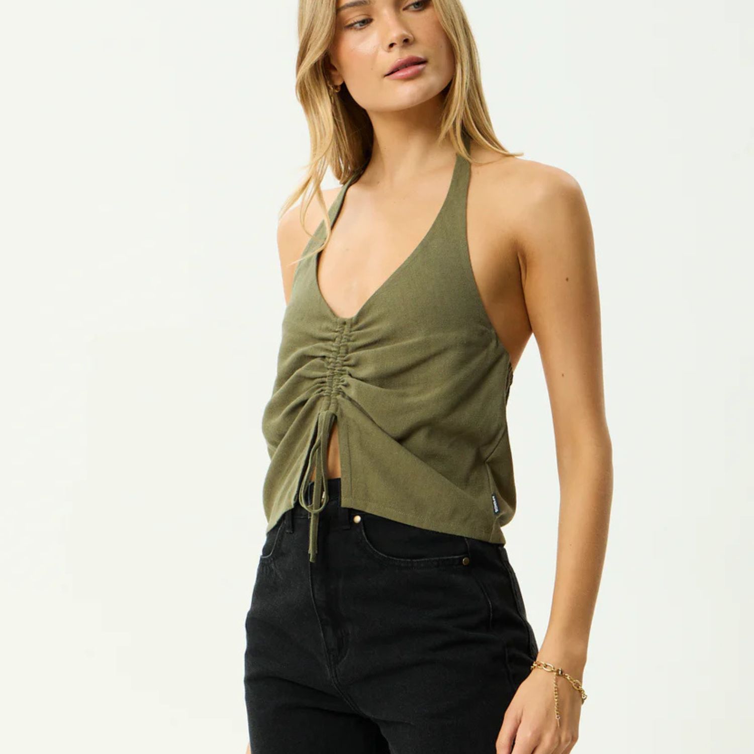 AFENDS WOMENS HALLE LINEN RUCHED TOP - DEEP OLIVE