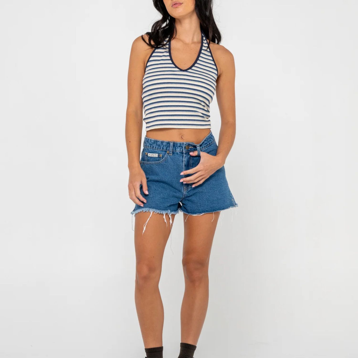 RUSTY WOMENS PENNY KICK FLARE DENIM SHORT - MIDDY BLUE