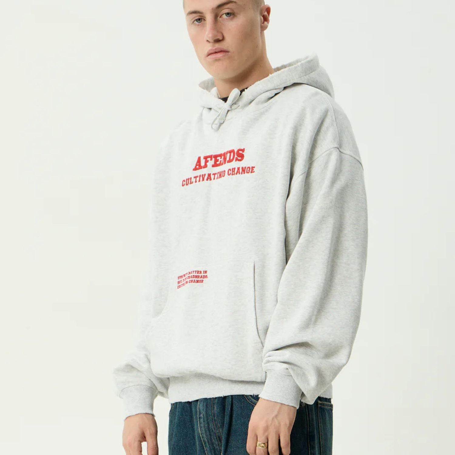 AFENDS MENS WONDERS RECYCLED BOXY PULL ON HOOD - GREY MARLE