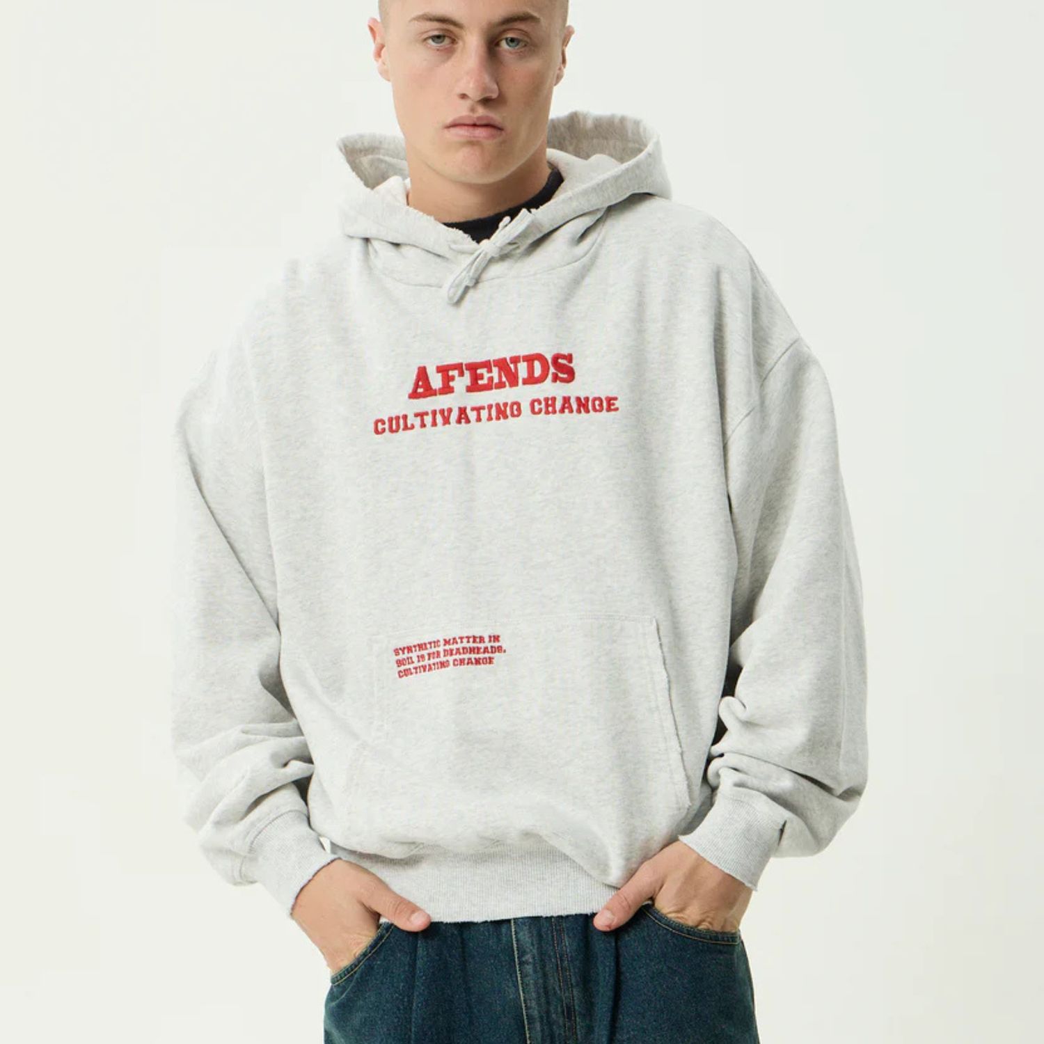 AFENDS MENS WONDERS RECYCLED BOXY PULL ON HOOD - GREY MARLE