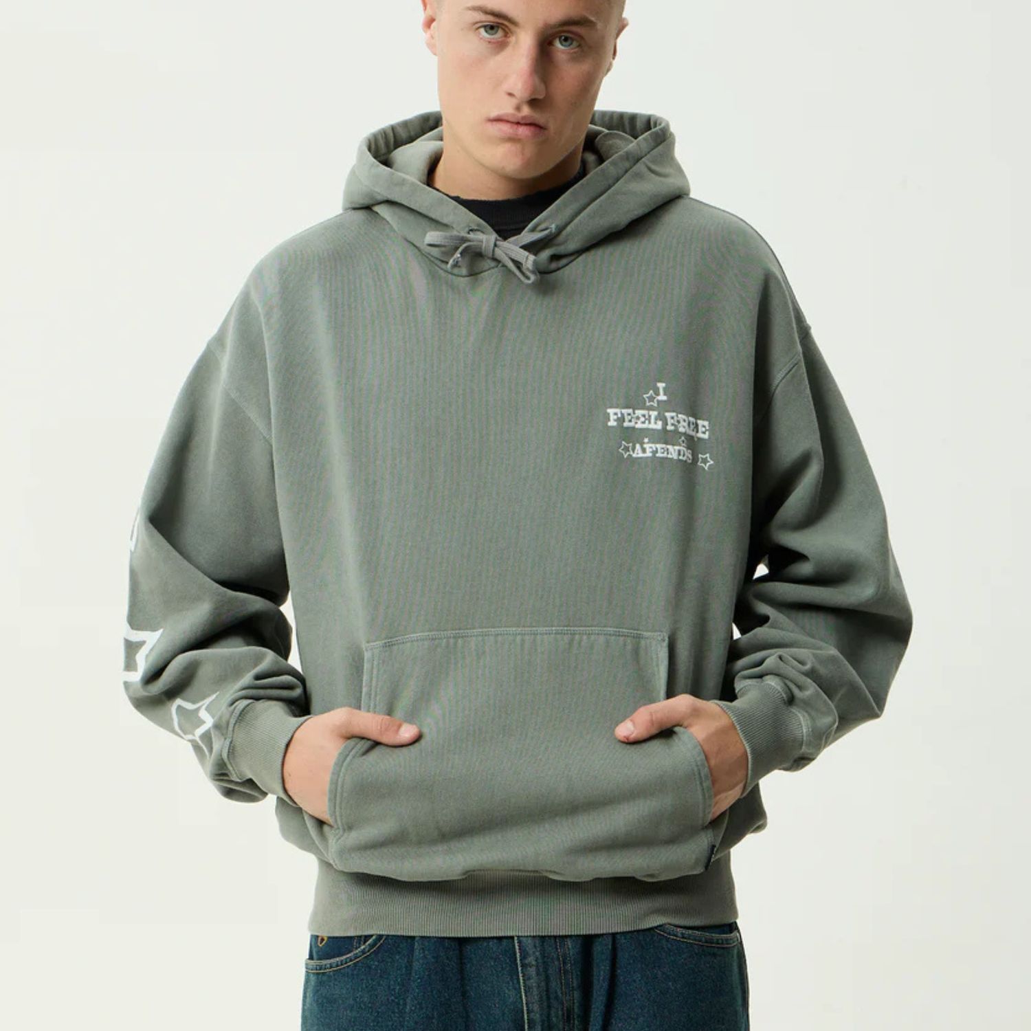 AFENDS MENS SONORAN RECYCLED BOXY PULL ON HOOD - WASHED SYCAMORE