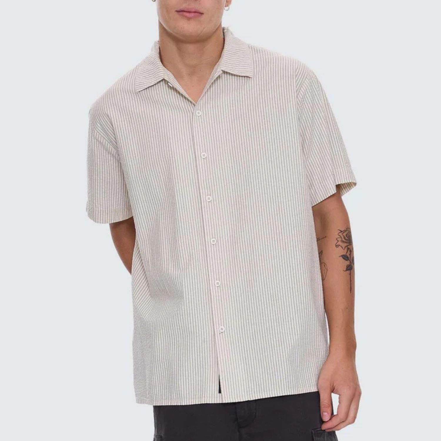 THRILLS MENS BEAUTY AROUND US SS STRIPE WORK SHIRT - ACORN