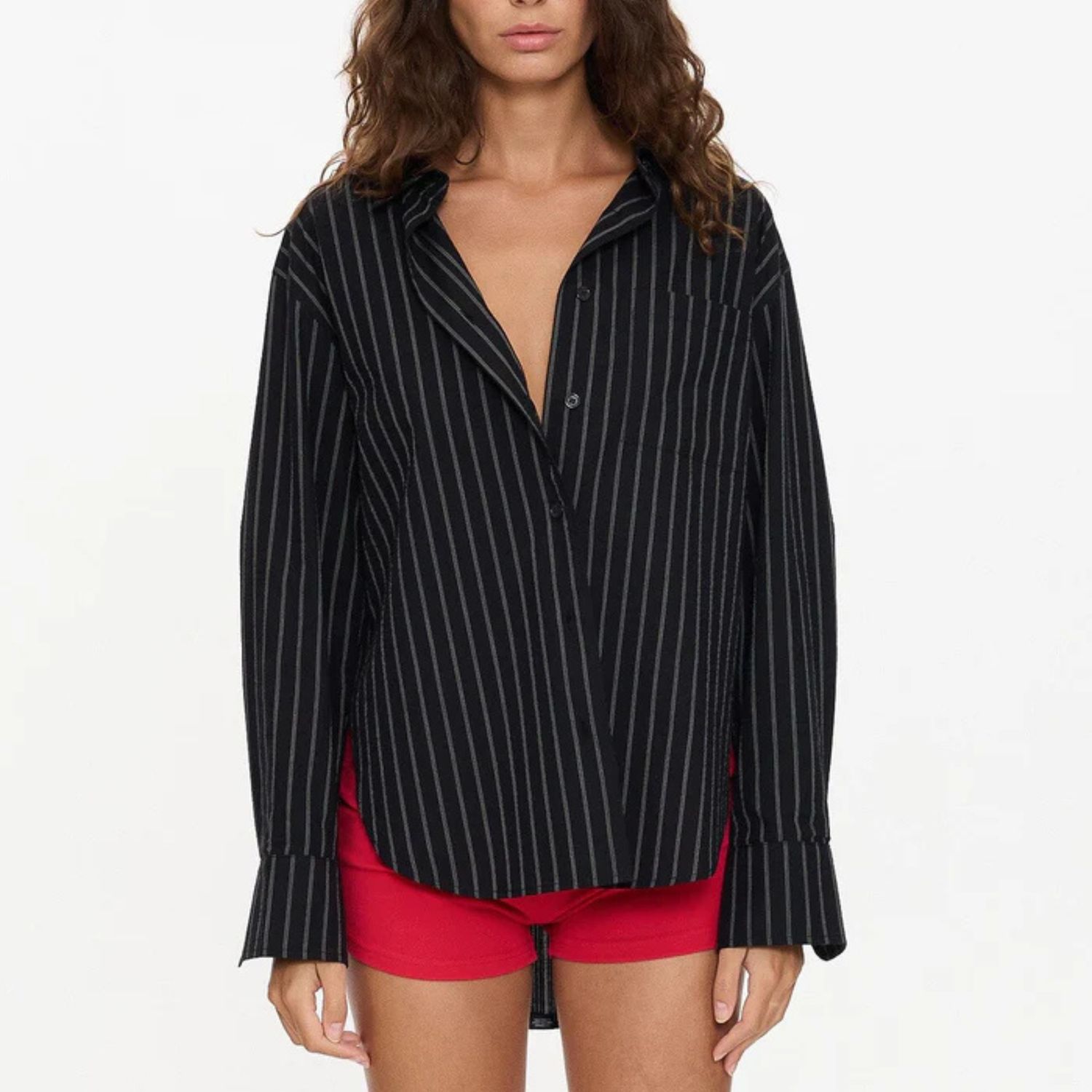THRILLS WOMENS  UNWIND STRIPE OVERSIZED SHIRT - BLACK