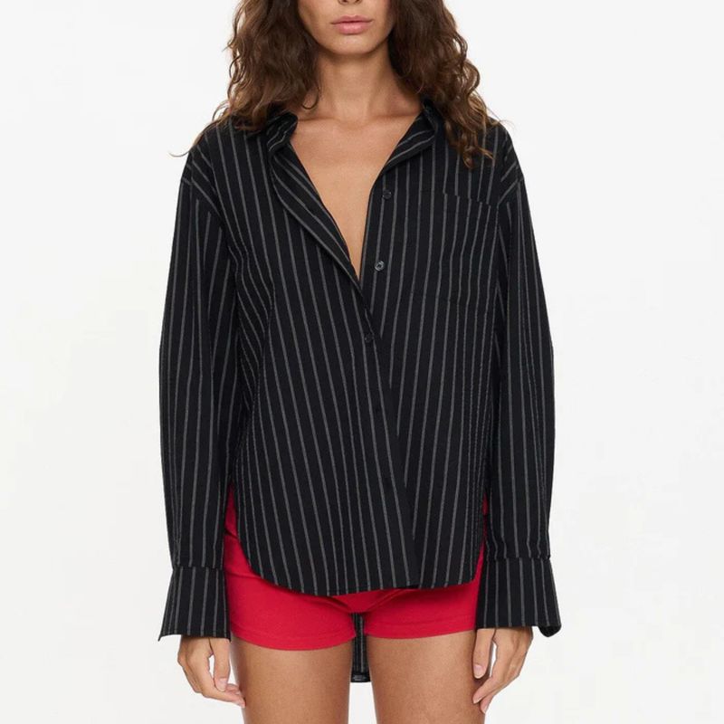 THRILLS WOMENS  UNWIND STRIPE OVERSIZED SHIRT - BLACK