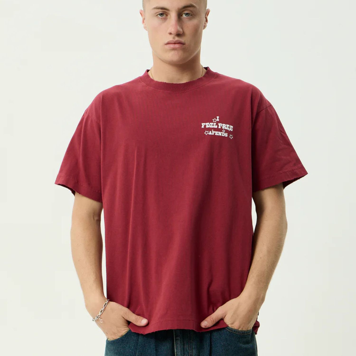 AFENDS MENS SONORAN RECYCLED BOXY FIT SS TEE - WASHED BURGANDY