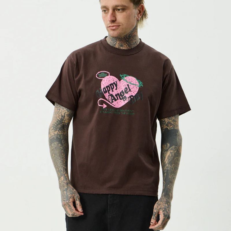 AFENDS MENS GENUINE SENTIMENT RECYCLED HEAVYWEIGHT BOXY FIT SS TEE - WASHED COFFEE